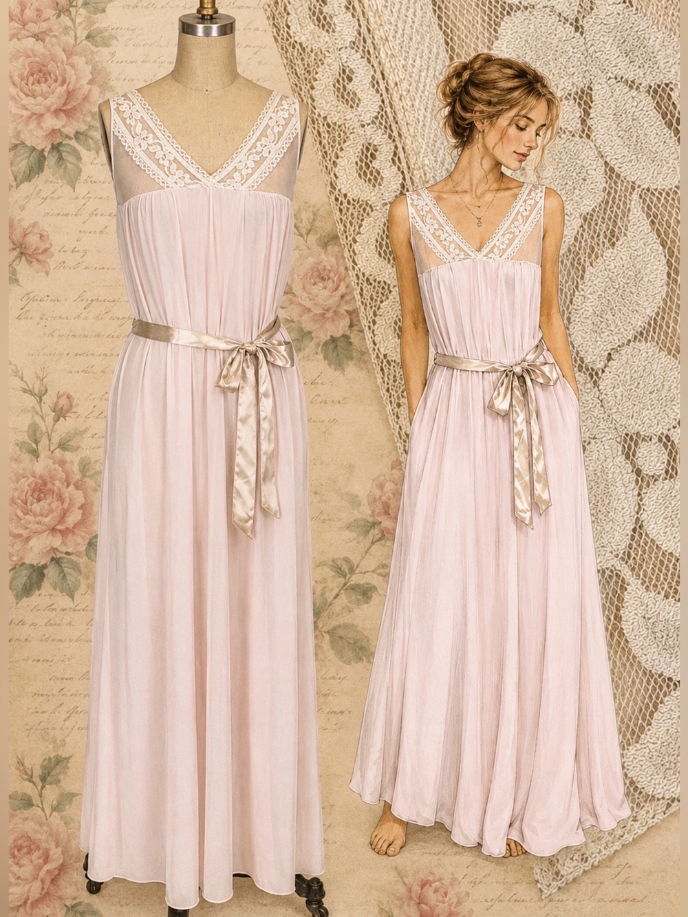 VINTAGE lace chiffon silky nightgown long maxi boudoir slip dress glamorous pink